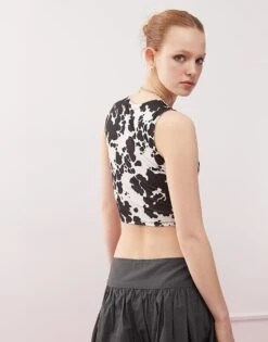 Noisy May Twist Front Crop Top In Cow Print For Women Black -Noisy May Shop 207653220 4