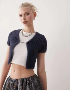 Noisy May Fluffy Cropped Cardigan In Navy For Women