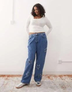 Noisy May Curve Wide Leg Jeans With Star Patches In Mid Wash Blue For Women Mid Blue -Noisy May Shop 207653284 1 midblue 1