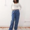 Noisy May Curve Wide Leg Jeans With Star Patches In Mid Wash Blue For Women Mid Blue