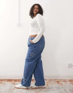 Noisy May Curve Wide Leg Jeans With Star Patches In Mid Wash Blue For Women Mid Blue -Noisy May Shop 207653284 3