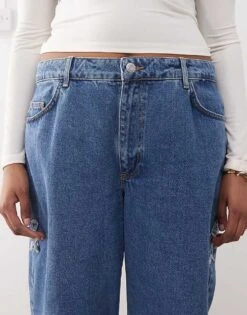 Noisy May Curve Wide Leg Jeans With Star Patches In Mid Wash Blue For Women Mid Blue -Noisy May Shop 207653284 5