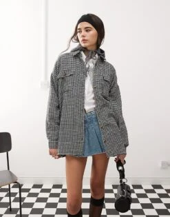 Noisy May Shacket In Black & White Houndstooth For Women -Noisy May Shop 207754360 1 black 1