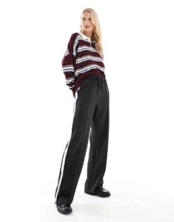 Noisy May Tall Wide Leg Jogger With Side Stripe In Black For Women