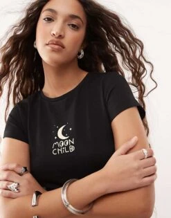 Noisy May Baby Tee With Moon Child Graphic In Black For Women