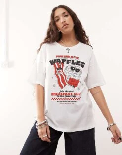 Noisy May Oversize T-shirt With Waffles Graphic In White For Women -Noisy May Shop 208054436 3